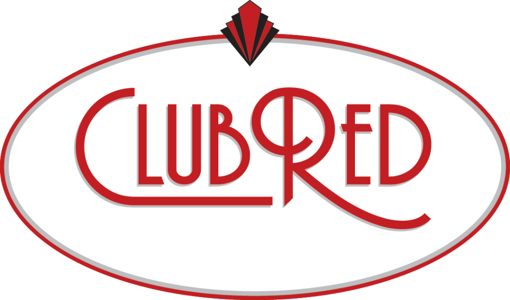 Logo of Club Red featuring bold red lettering on a white oval background with a decorative element at the top.