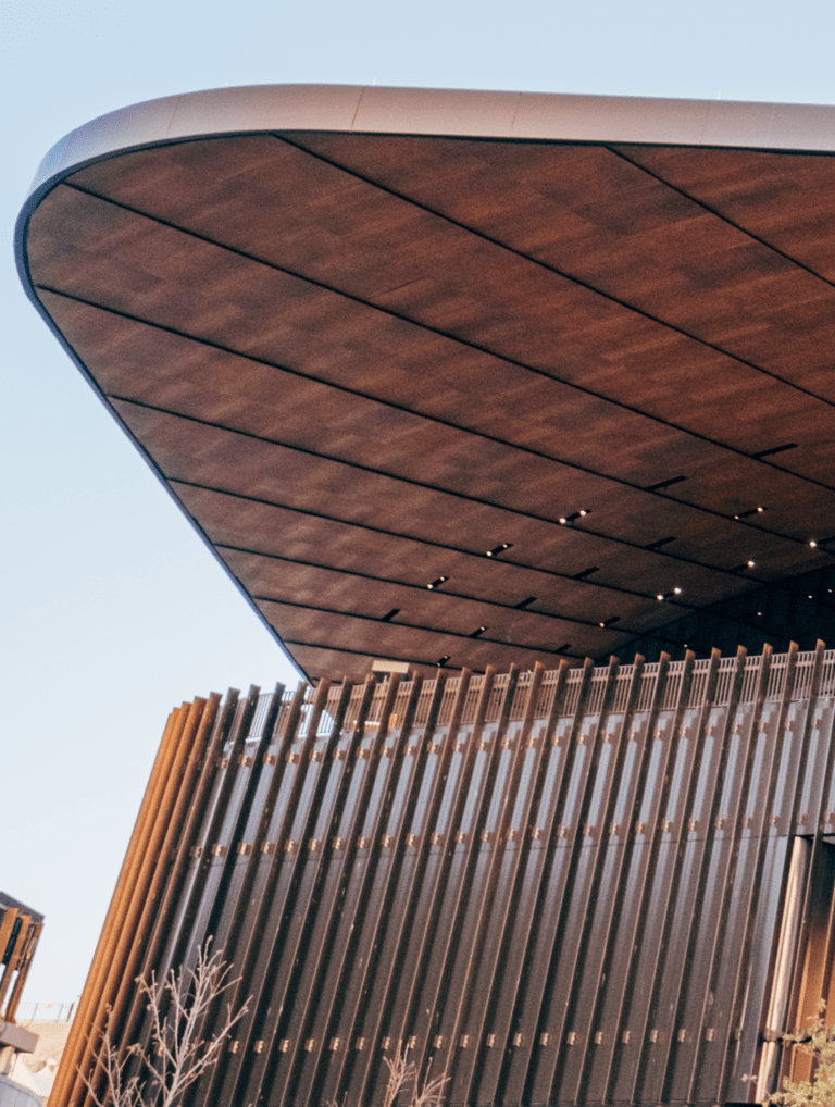 Close-up view of a modern building's architectural design featuring a prominent overhanging roof and vertical wooden slats.